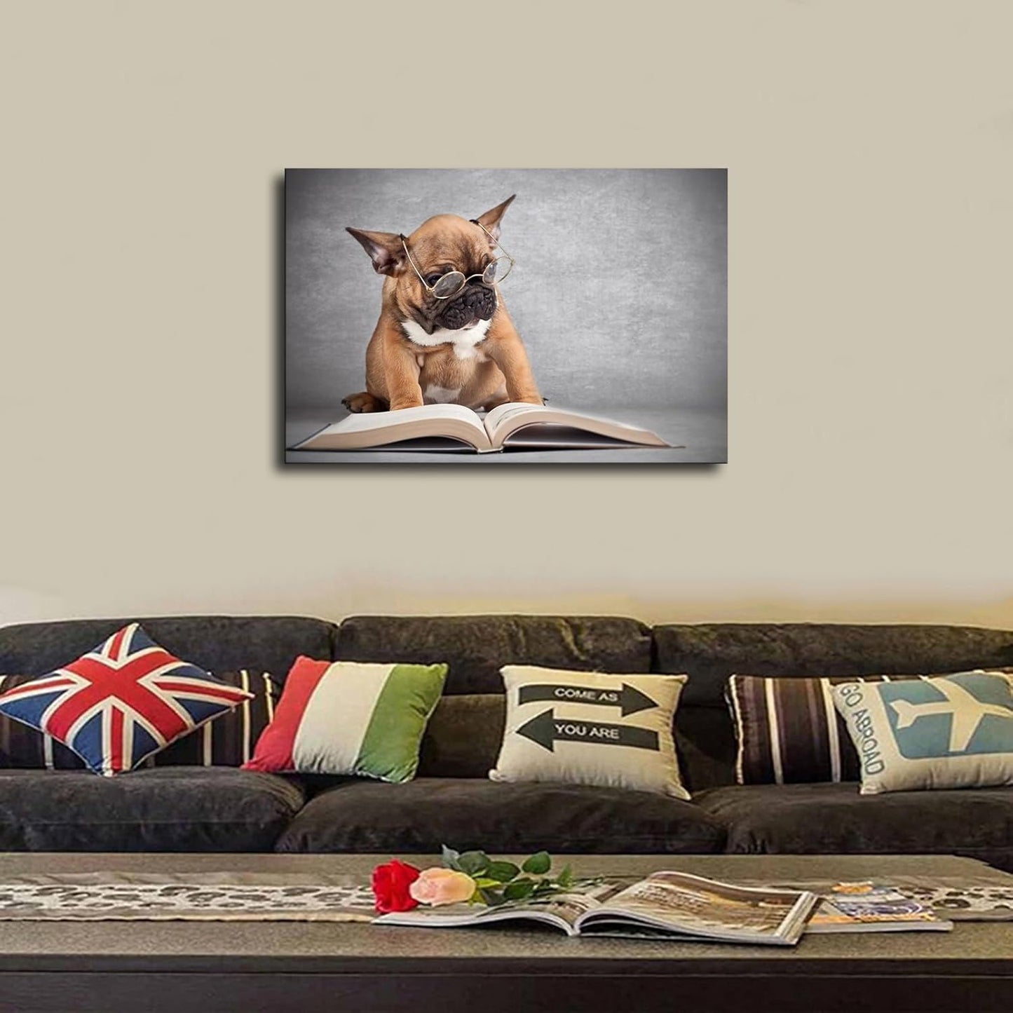 Bulldog Dog Reading Book Cute Puppy Animal Poster Decorative Painting Print Modern Home Bedroom Living Room Decoration Canvas Wall Art Aesthetic (12×18inch_Framed)