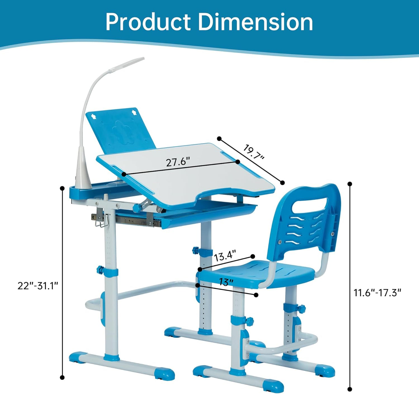 Kids Desk and Chair Set, Height Adjustable Child's School Study Writing Tables with Tilt Desktop, LED Light, Storage Drawer, Book Stand (Blue)