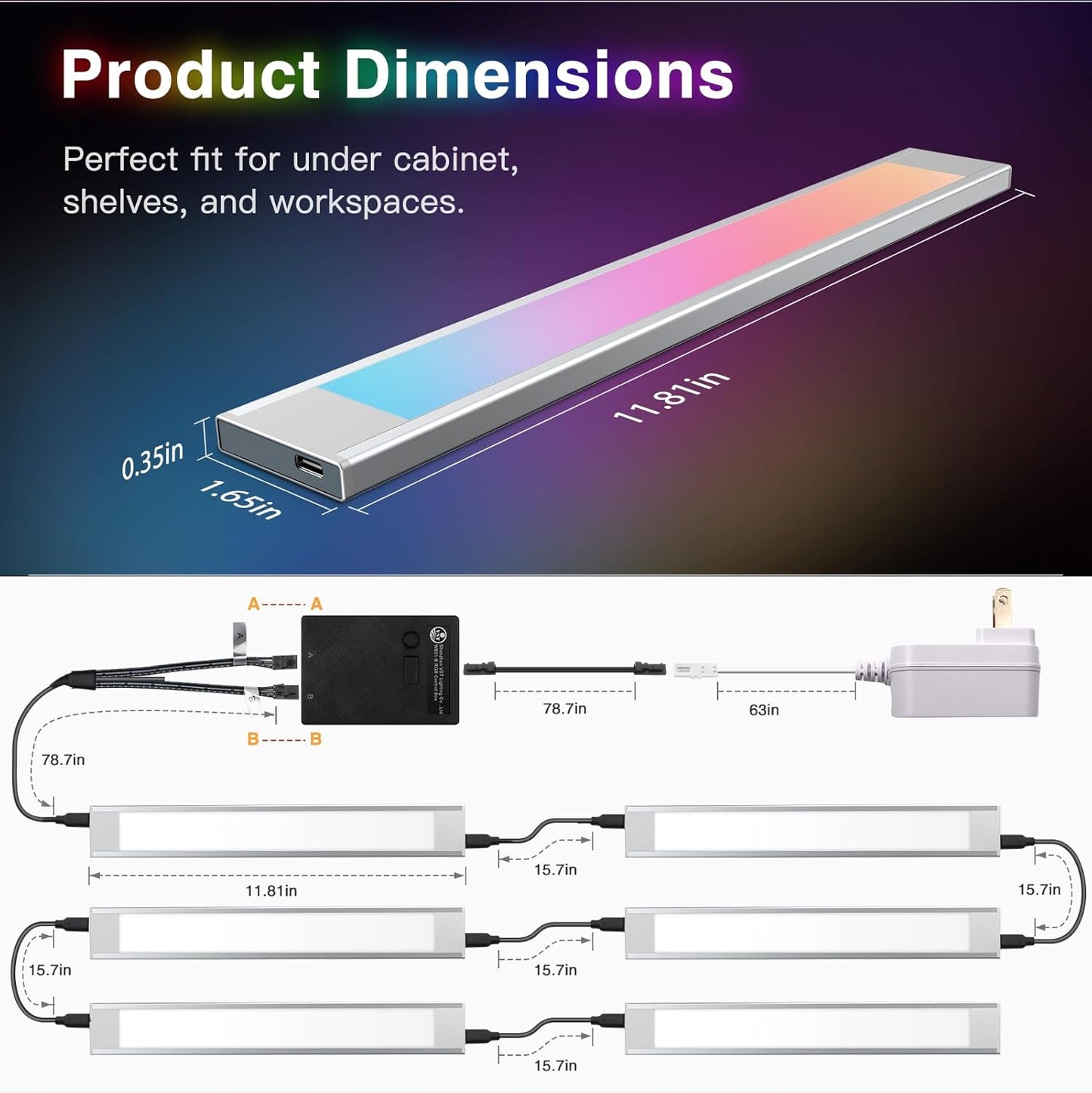 VST 6Pack RGB Under Cabinet Lighting with Adjustable White Light, Ultra-Thin LED Light Bars, APP & Voice Control (Alexa/Google), Remote & Button Control, Linkable Lights for Kitchen Cabinets, Shelves