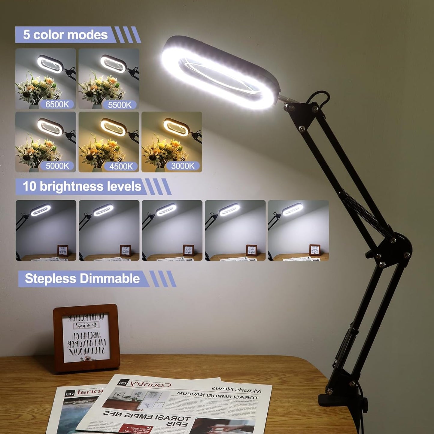 10X Large Rectangle Magnifying Glass with Light and stand, 5*3 Inch Real Glass 5 Color Modes Stepless Dimmable Arm Swing LED Floor Lamp, 3-in-1 Lighted Magnifier for Reading Painting Craft Close Work