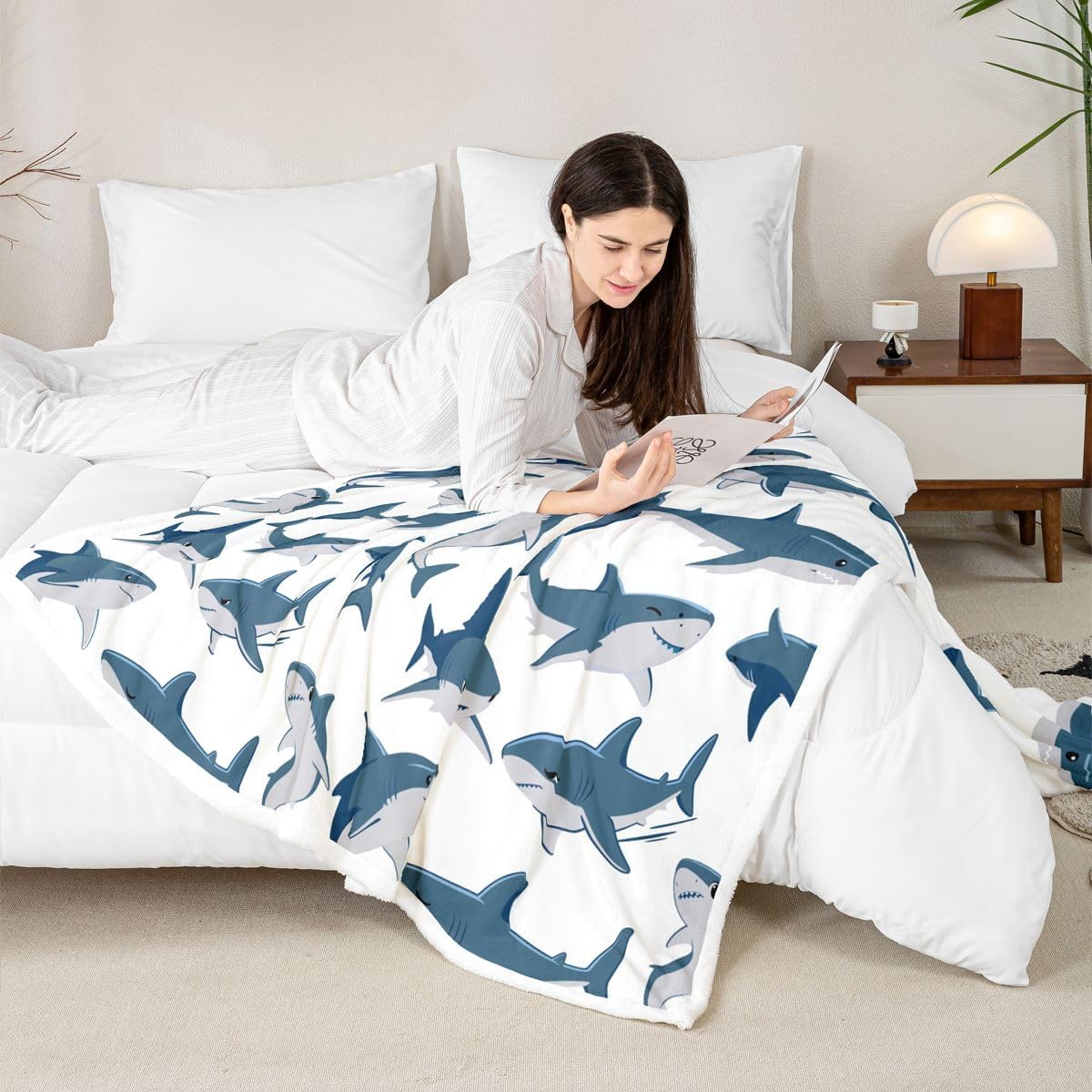 Feelyou Shark Sherpa Throw Blanket for Couch Ocean Sea Shark Lover Gifts Super Soft Cozy Fleece Underwater Animal Blanket for Winter, Plush Throw Ocean Blue Twin 60"x80" Nautical Marine All Season