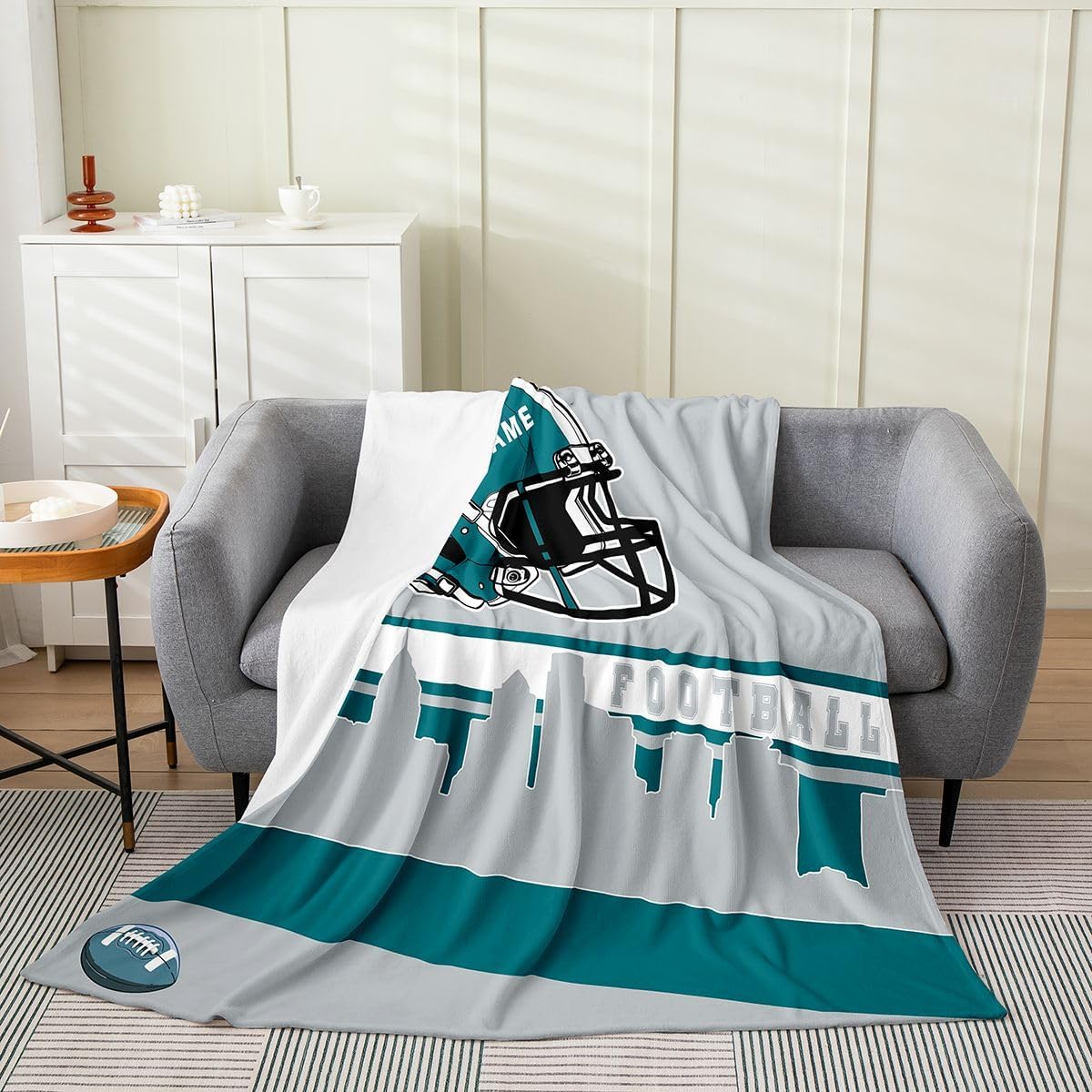 Erosebridal Customized Football Blanket Queen Inch Football City Flannel Blanket for Boys Girls Grey Football Fans Rugby Game Sports Ball Competition Room Decor