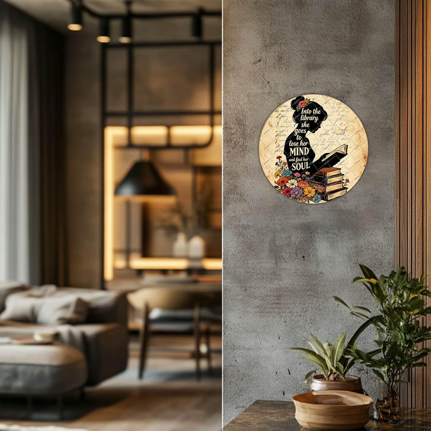KIOKIO Vintage Girl Reading Book Iron Tin Sign Into The Library She Goes To Lose Her Mind And Find Her Soul Round Metal Sign 12x12 Inch Home Kitchen Bathroom Wall Decor Bar Pub Coffee Garage Poster