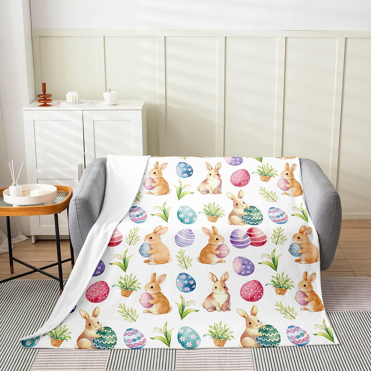 Manfei Happy Easter Flannel Blanket Cute Rabbit Colorful Egg Throw Blanket Watercolor Flower Leaf Cozy Throws for Bed Couch Sofa,Kids Boys Girls Room Decor,Soft and Breathable(30 x 40 Inches)