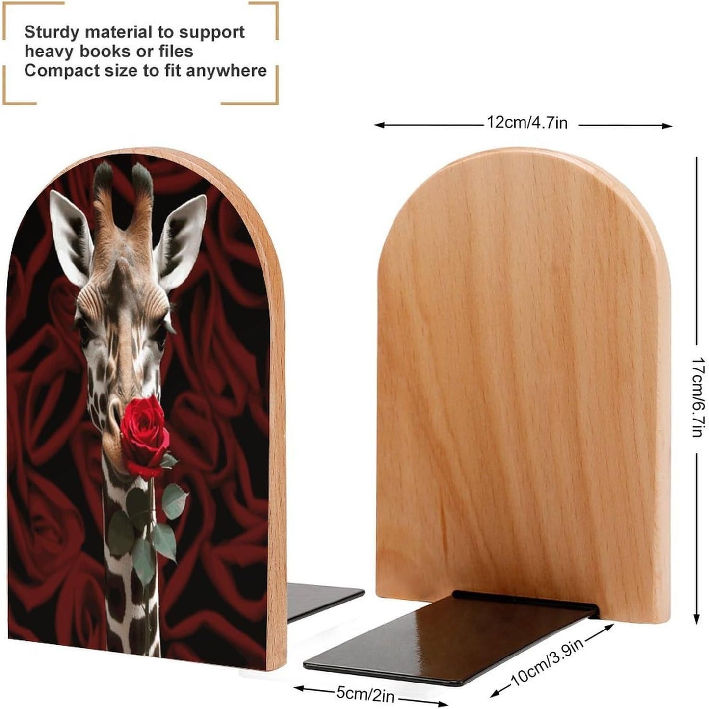 Non-Slip Bookend for Shelves Giraffe Kissing Flower Wooden Bookends with Metal Base Decorative Book Stopper for Home Heavy Duty Wood Book Storage for Books/CDs