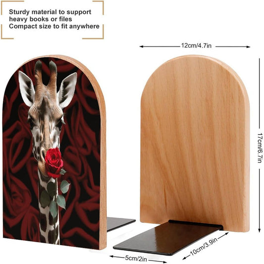 Non-Slip Bookend for Shelves Giraffe Kissing Flower Wooden Bookends with Metal Base Decorative Book Stopper for Home Heavy Duty Wood Book Storage for Books/CDs