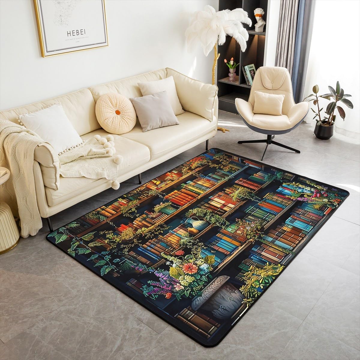 Erosebridal Retro Bookcase Area Rugs 3x5,Vintage Bookshelf Living Room Rugs for Kids Boys Girls Farmhouse Potted Plants Books Indoor Floor Mat for Backyard Bedroom Living Room Bedside,Green Orange