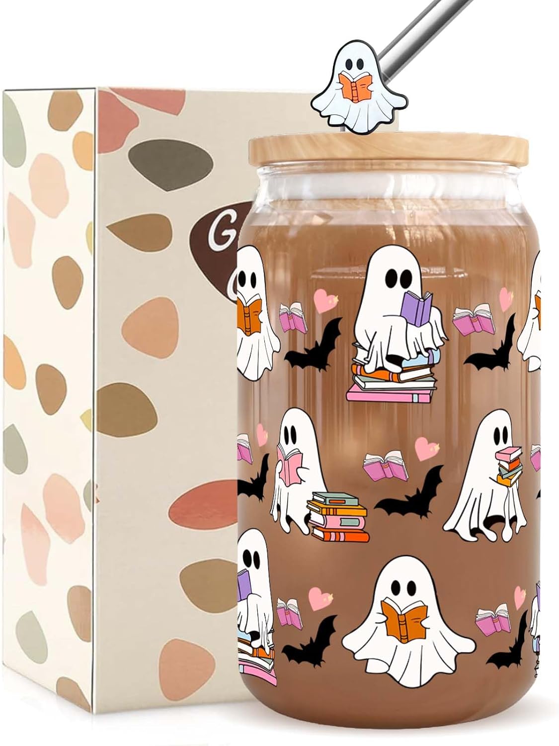 Halloween Gifts for Book Lovers Women Cute Halloween Ghost Reader Iced Coffee Cup with Lid and Straw 16oz Book Themed Bookworm Reading Gifts for Librarian Reader