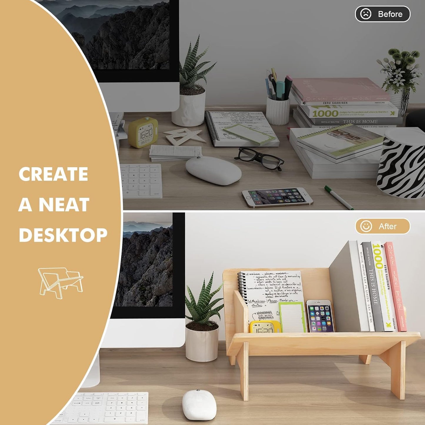 RekRang Wooden Tabletop Bookshelf Titled Desktop Bookshelf Cookbook Shelf,Small Bookcases for Magazine Books CDs,Book Rack Desk Book Organizer in Living Room/Office/Bedroom (Burlywood)