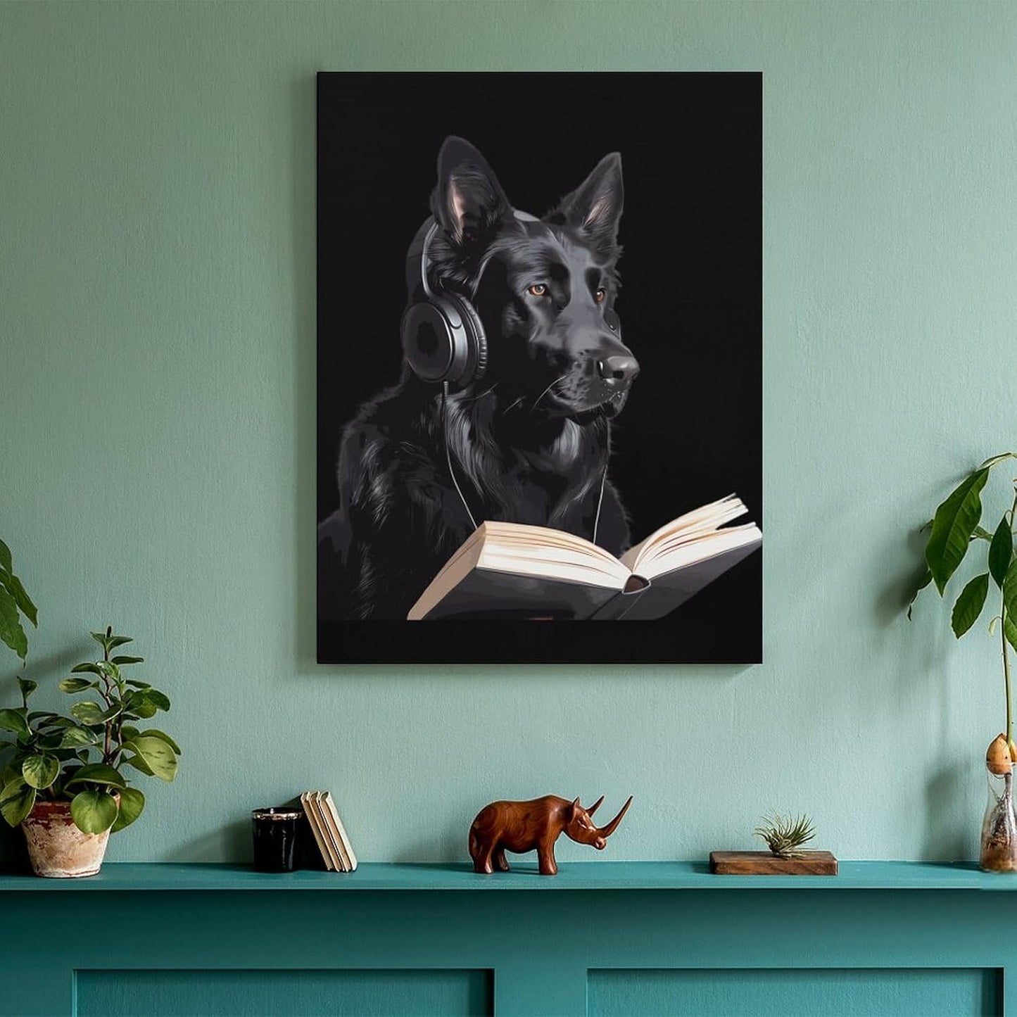 German Shepherd Wearing Headphones Reading Funny Canvas Poster Vertical Wall Art Artwork Picture Hanging Prints Painting Decoration for Living Room Home