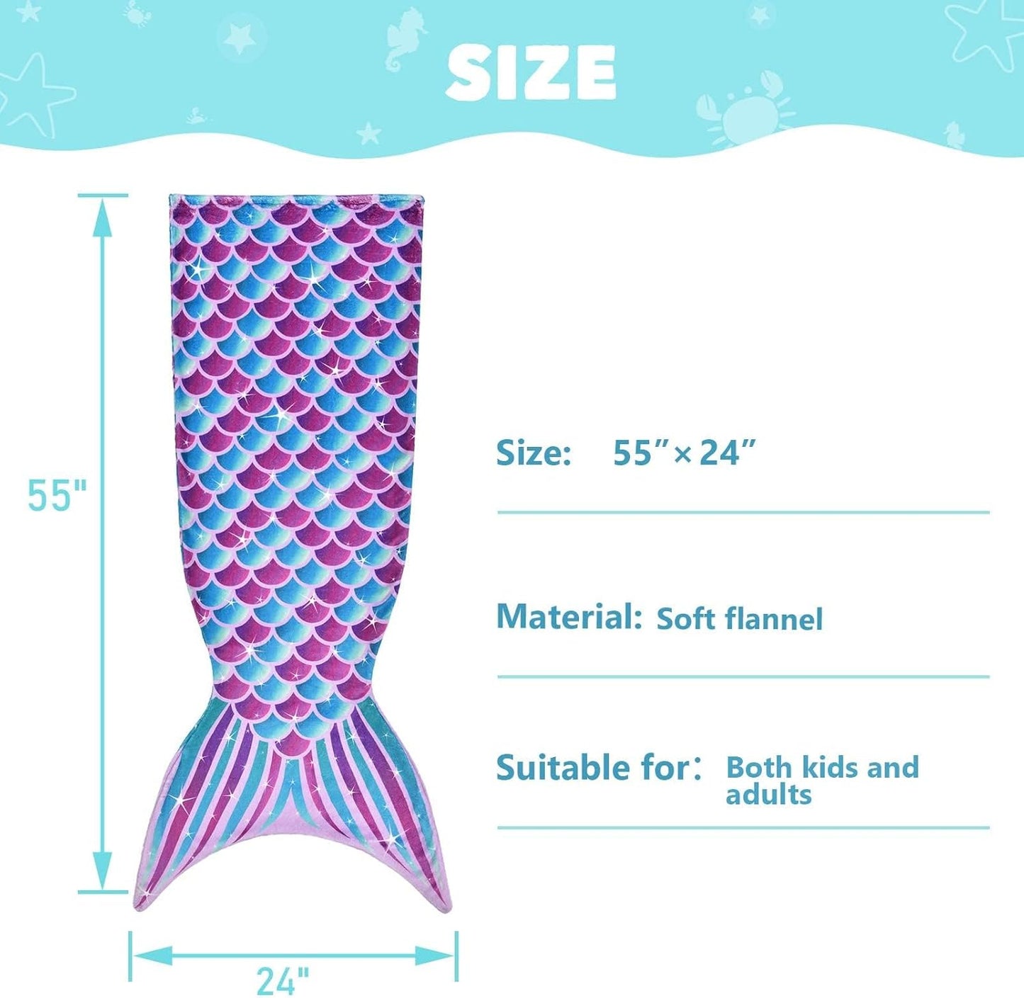 WERNNSAI Mermaid Tail Blanket – Plush Flannel Mermaid-Shaped Throw Blanket for Girls & Teens, Soft Cozy All-Season Blanket for Sofa, Bed & Travel, 55" x 24" (Blue)