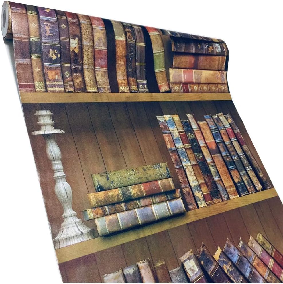MyFun Faux Vintage Bookshelf Wallpaper Peel and Stick PVC Removable, School Library Antique Bookcase DIY Wall Sticker