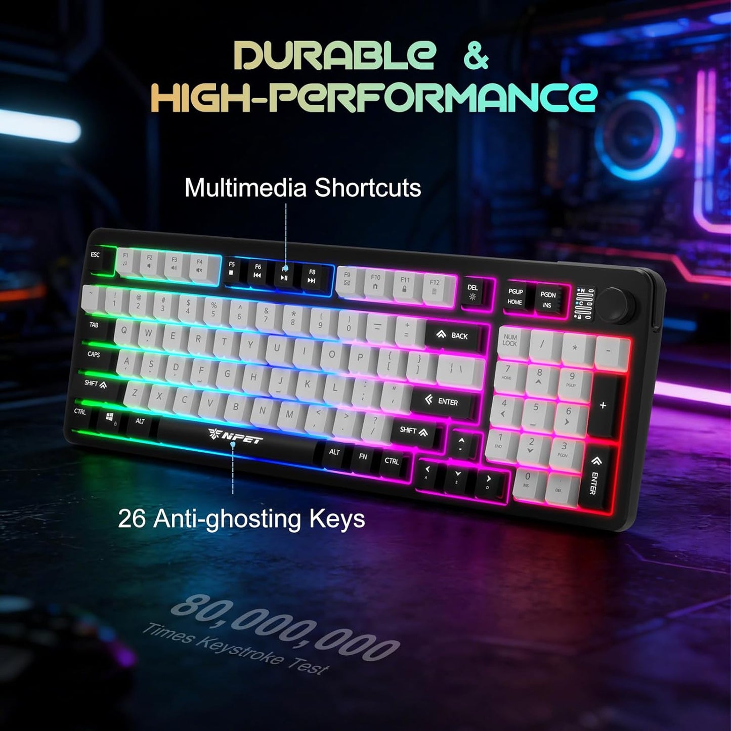 NPET Wired Keyboard and Mouse Combo, 98 Keys Mechanical Feel Quiet Membrane Keyboard with Knob, Double-Shot Keycaps, Spill-Resistant, 26-Key Rollover, RGB Backlight for PC/Mac Gamers
