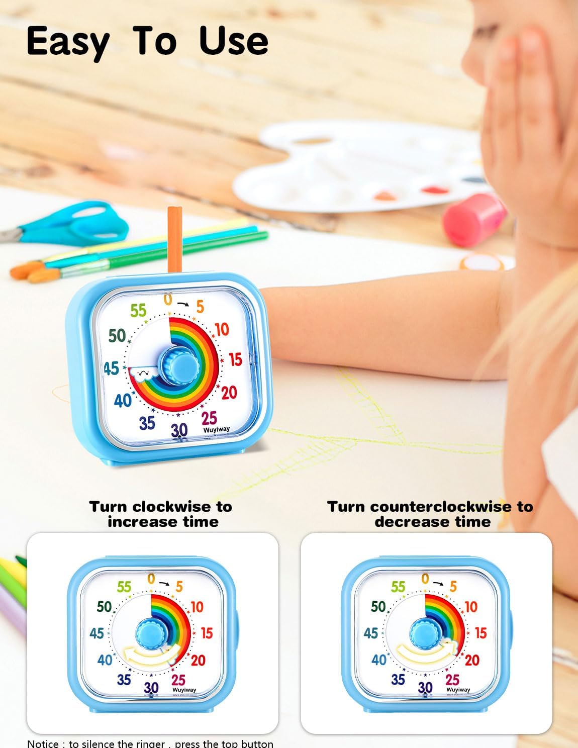 Visual Timer for Kids and Adults, Rainbow Disk 60 Minute Countdown Timer with Pause Function, Silent Time Management Tool, Analog Timer for Classroom, Home, Office (Blue Rainbow)