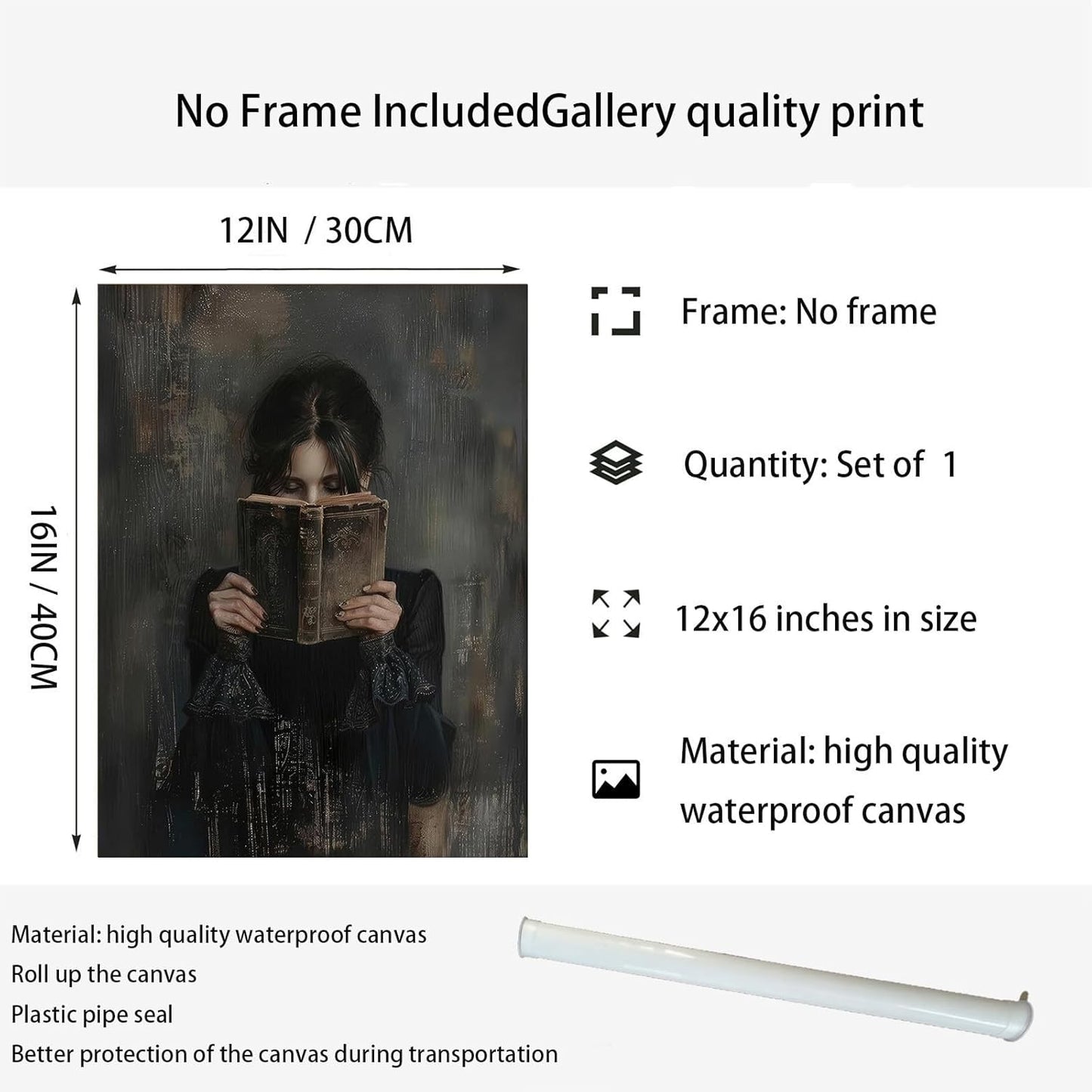 Dark Academia Canvas Wall Art Gothic Victorian Woman Reading Magic Book Poster Print Antique Oil Painting Canvas Print Book Lover Gift Bedroom Gallery Wall Decor 12x16 Incth Unframed