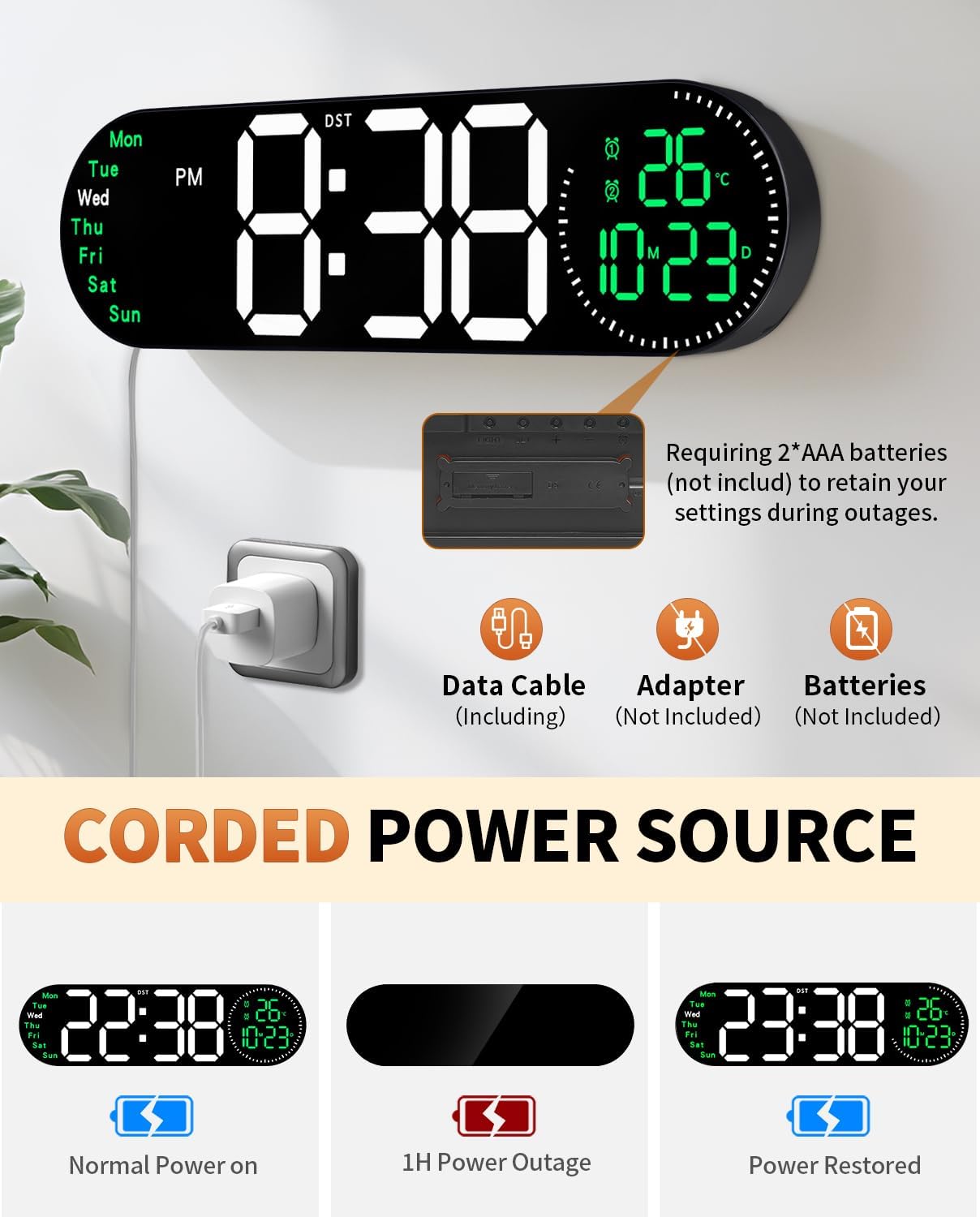 17.2 Inch Large Digital Wall Clock with 9 Color Changing Remote Control, Date Week Temperature, Auto Brightness Dimmer Big Clock Night Lights,Green