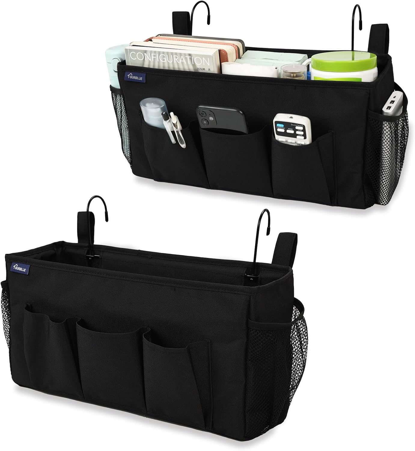 Surblue Bedside Organizer with Hook Bedside Caddy Hanging Storage Bag with Adjustable Strap and Water Bottle Holder for Home College Dorm Bunk Bed Accessories, Crib Bed Rail, Hospital Bed, Black, 2PCS