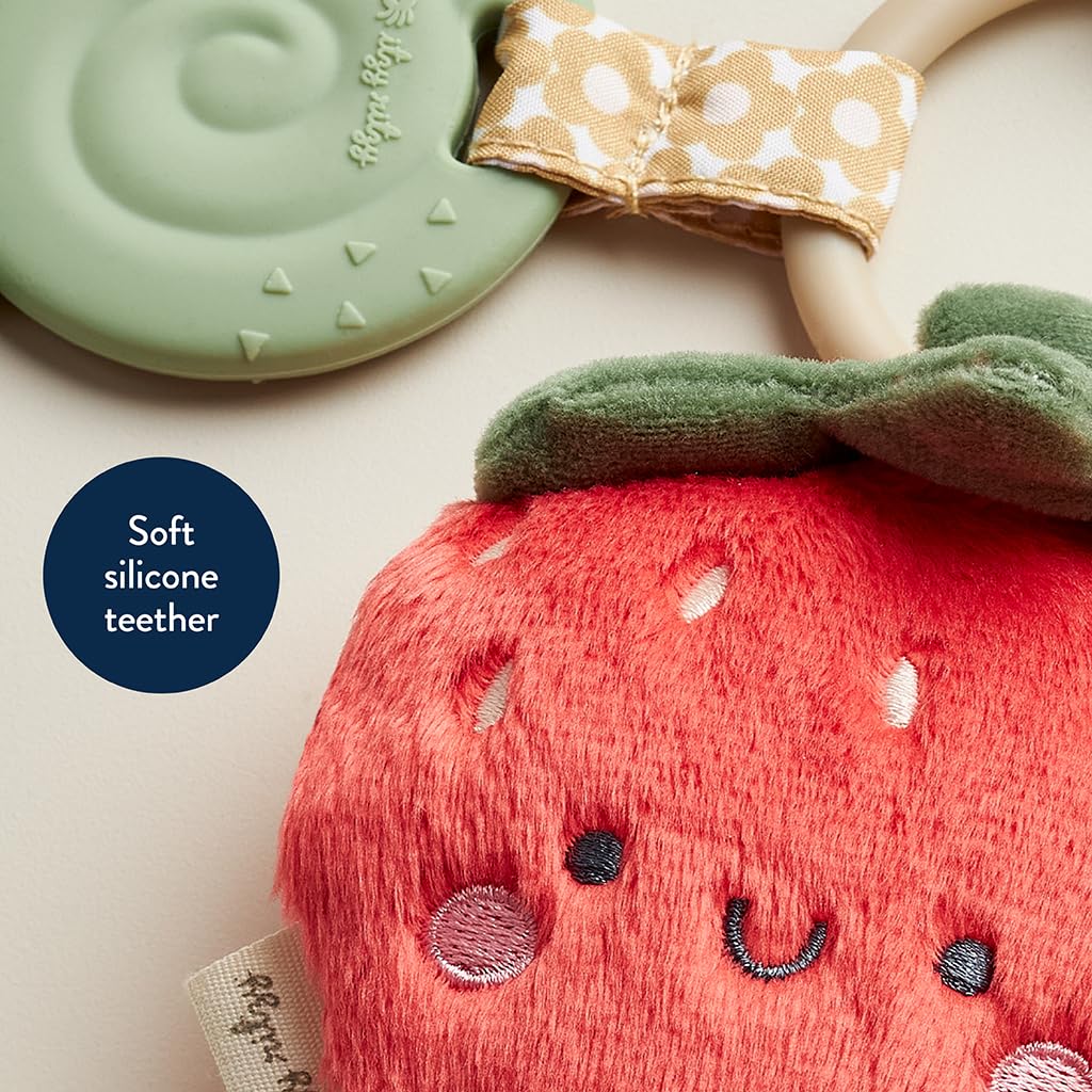 Itzy Ritzy Infant Toy & Teether - Itzy Pal Baby Teething Toy Includes Lovey, Crinkle Sound, Textured Ribbons & Silicone Teether Toy for Newborn (Strawberry)