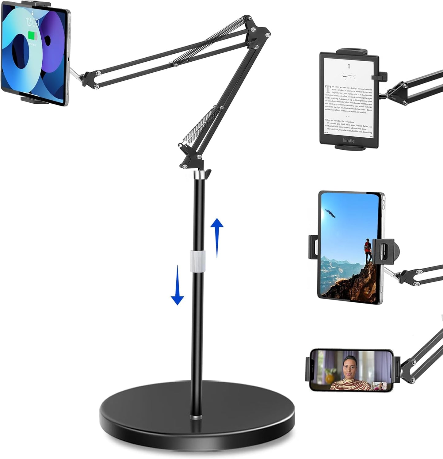 Peastrex Tablet Floor Stand with 12lb Stable Base Overhead Bed Ipad Phone Holder Mount with Adjustable Height Stretchable Arm for 4.5-13in iPad Pro Air Mini 12.9/9.7, Kindle, Galaxy Tab, CellPhones