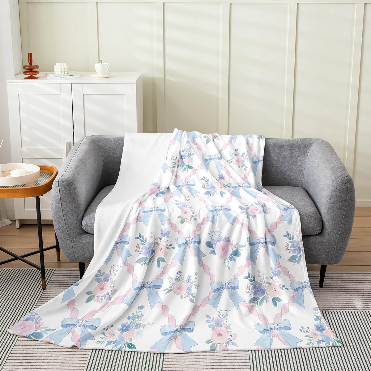 Cute Ribbon Bow Fleece Blanket Kawaii Girly Princess Bowknot Bed Blanket for Girls Kids Rustic Floral Fuzzy Throw Blankets Room Decor Pink Blue White Super Soft Flannel Blankets,40"x50"