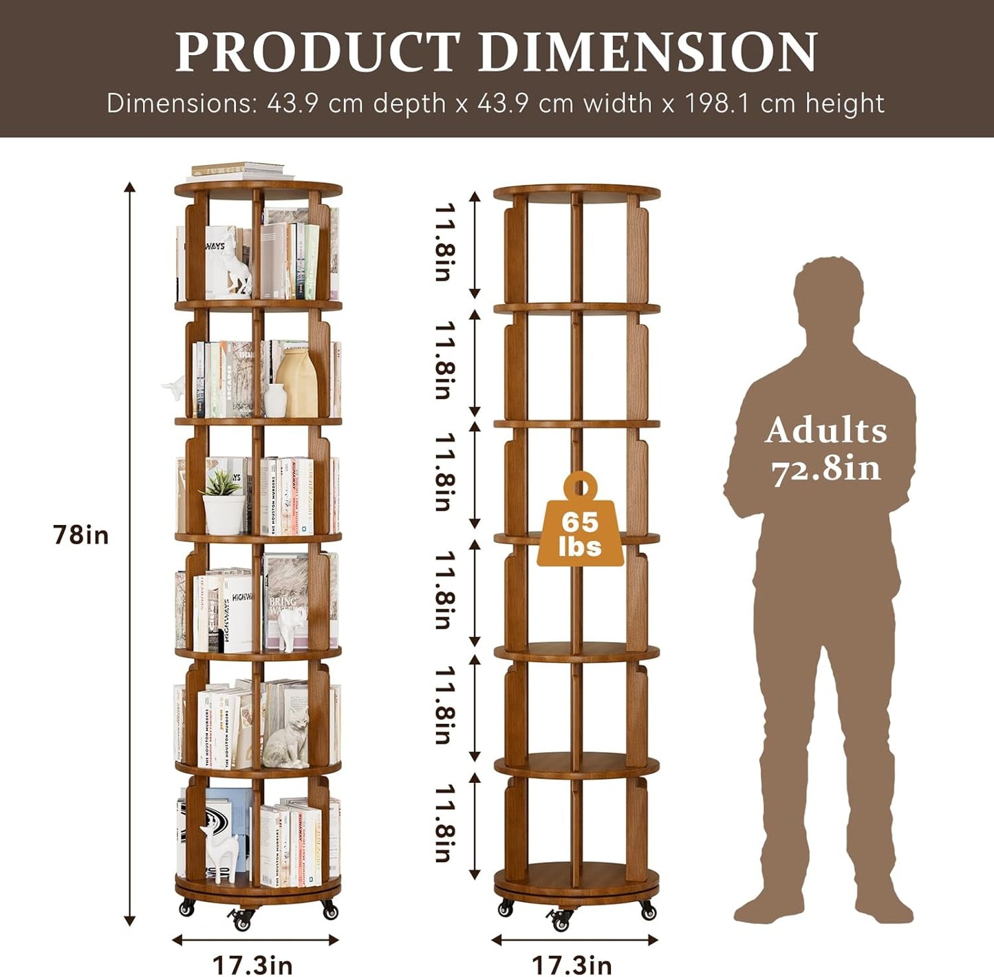 6 Tier Rotating Bookshelf Tower, 360° Spinning Bookcase with Wheels, Solid Wood Round Revolving Shelf for Living Room, Office, Small Spaces, Ergonomic Design for Kids & Adults