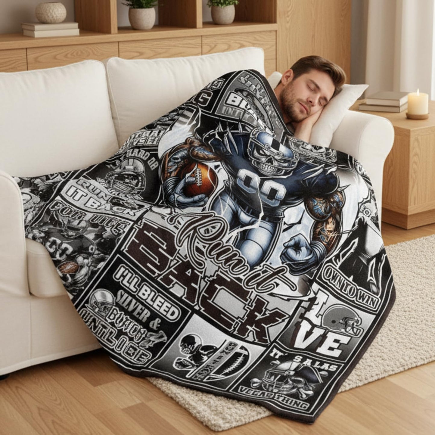 Football Throw Blanket Gifts - Sport Team Player Gift for Men, Christmas Birthday Sports Gifts for Boys Football Coach Fan Lovers, Black White Skeleton Cozy Flannel Throw Blanket 59"X 51"