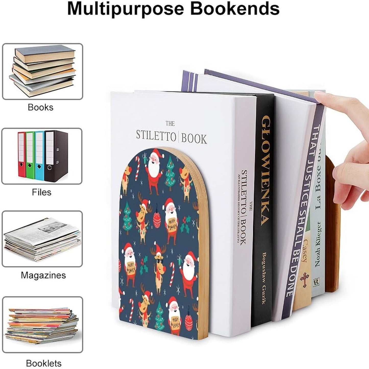 Santa Claus Christmas Wooden Bookend Non-Slip Book Ends Heavy Duty Book Stopper with Metal Base Books Holderd Decorative Bookends Stands Firmly for Office Supplies