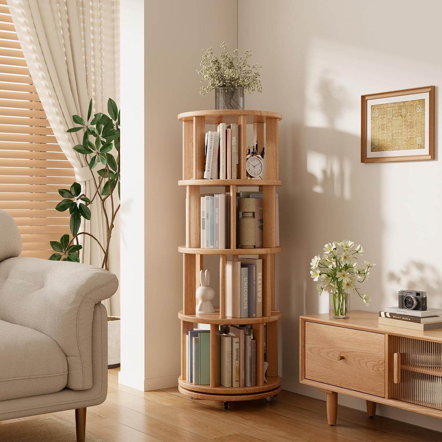Mobile Rotating Bookshelf with Wheels - Solid Wood 360 ° Rotating Bookcase 4 Tier Revolving Bookshelf Spinning Bookcase Tower Corner Shelf for Small Space