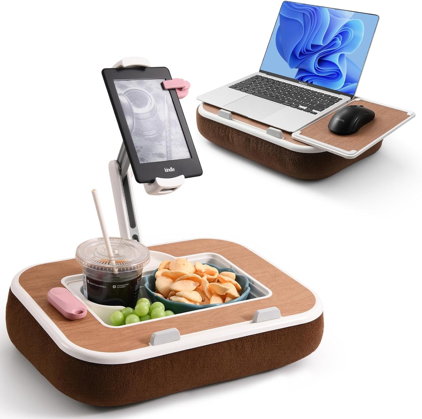 Tablet Pillow Stand with Snack Bowl, 360° Rotating Laptop Lap Desk for 4.7-13" Kindle/Tablet/Phone, 11-15" Laptop, Pillow Kindle Holder for Hands-Free Reading in Bed, Couch,Floor Etc-Wood Grain