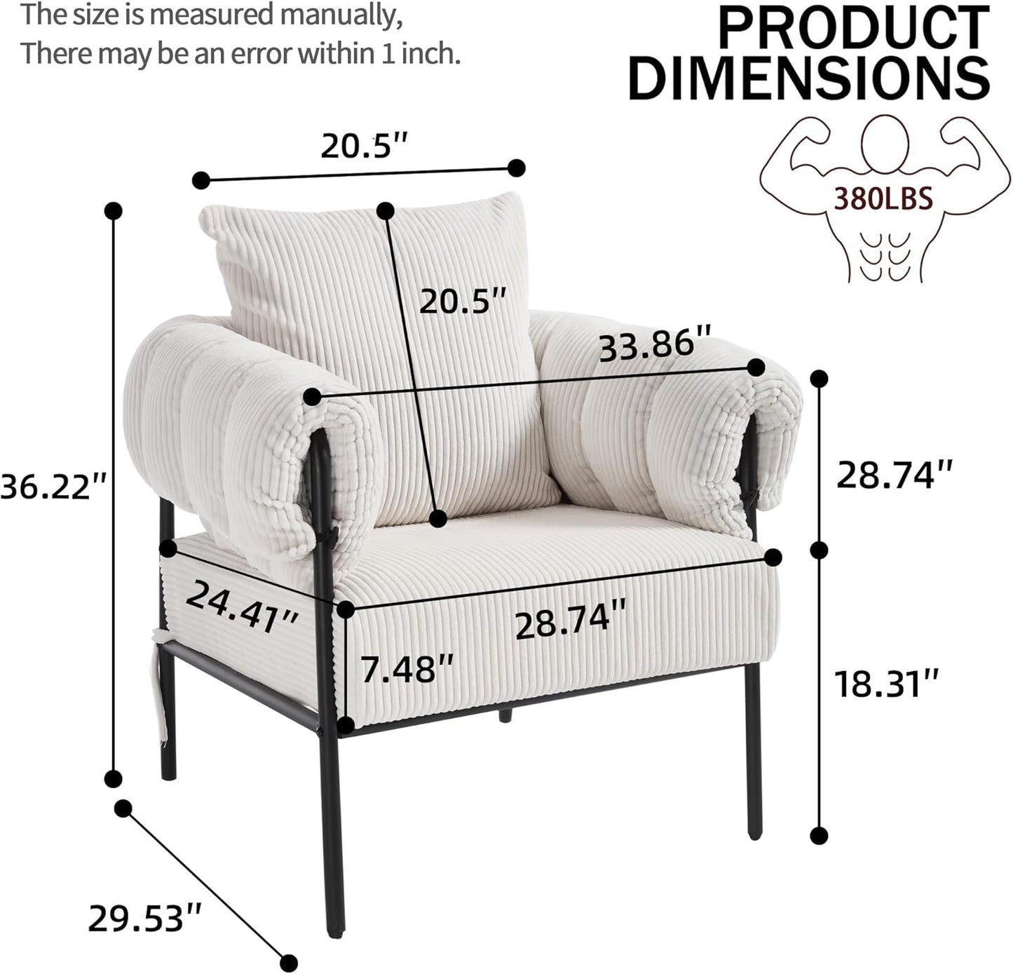 Modern Velvet Accent Chairs Set of 1, Comfy Large Living Room Sofa Chair, Upholstered Fabric Armchair with Pillow and Metal Legs for Office/Bedroom/Reading Beige