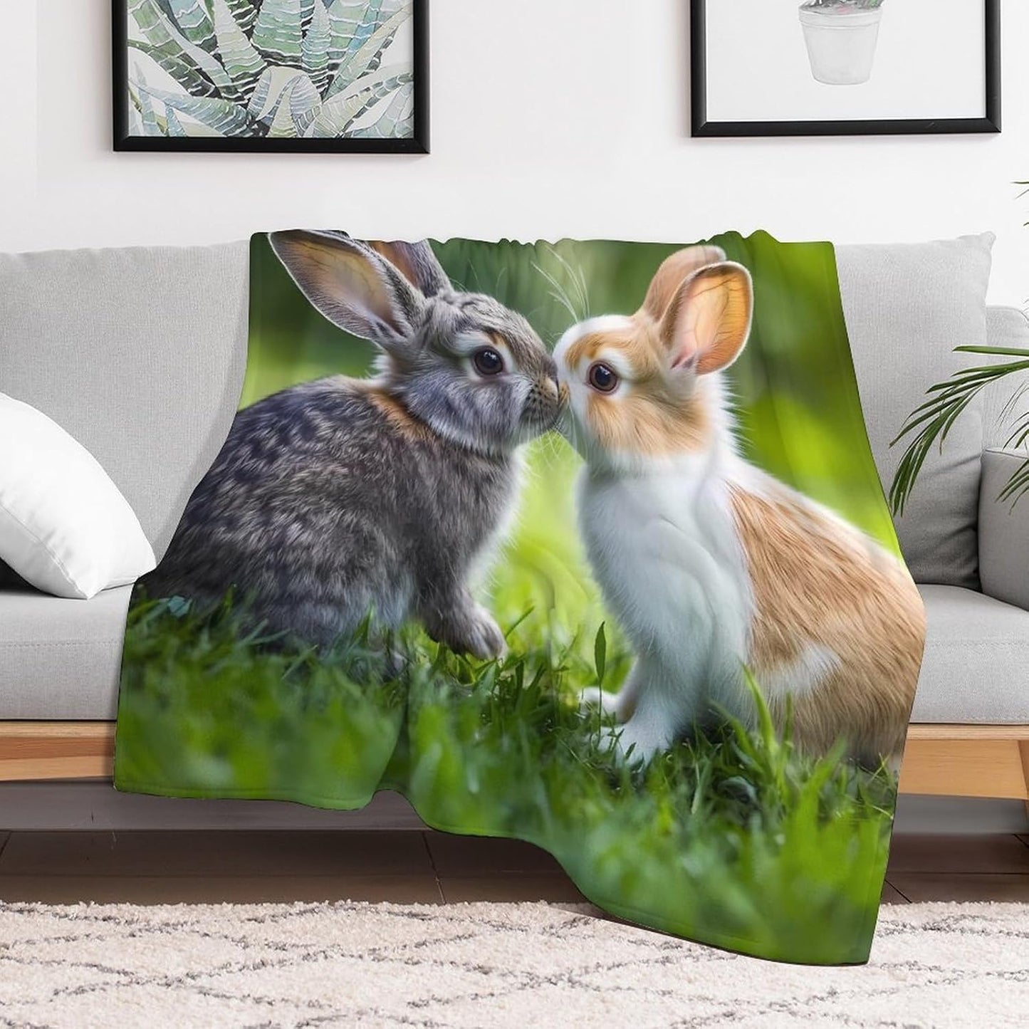 Rabbit Couple Kiss Throw Blanket for Couch Bed Plush Cozy Fuzzy Flannel Blanket for All Season 50"x60"