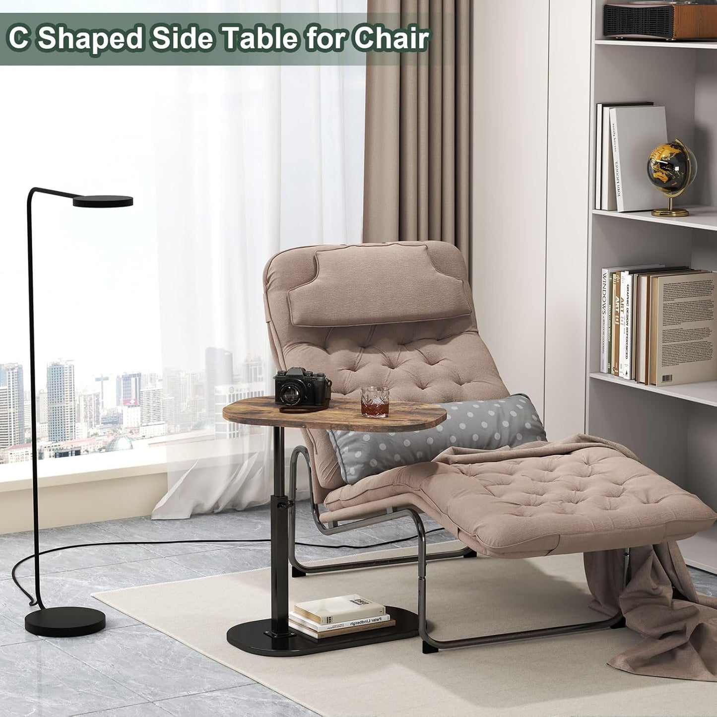 C Shaped Side Table, Adjustable Height C Shaped End Table, 360°Swivel Couch Side Tables that Slide Under, Modern Small Coffee C Table End Table for Sofa/Bed/Bathtub, Rotating Tabletop (Rust Brown)