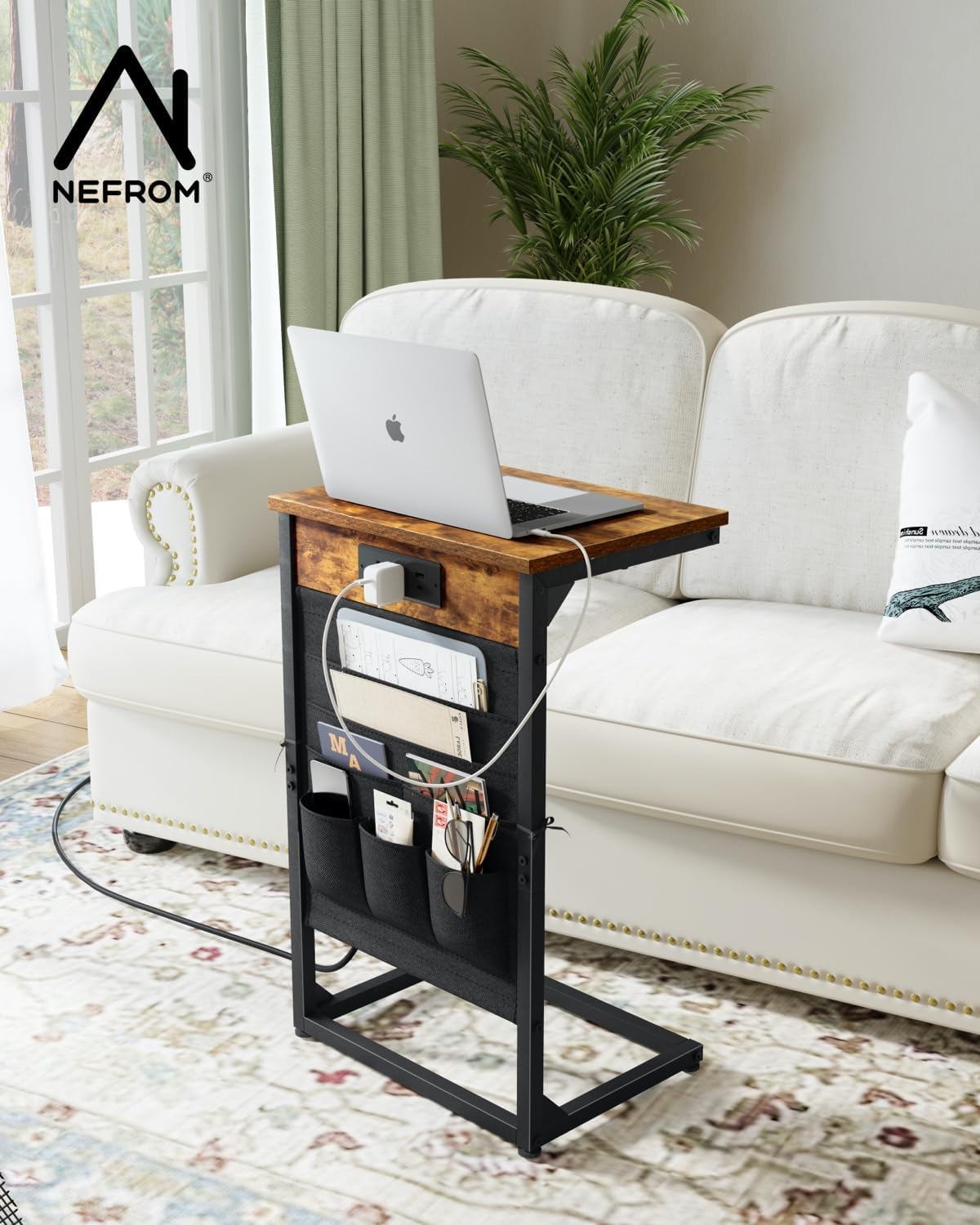 C-Shaped End Tables Set of 2, Small Couch SideTable with Fast-Charging Station, Sofa TV Tray Table with Storage Bag for Living Room, Bedroom, Bedside ET-BR-W2