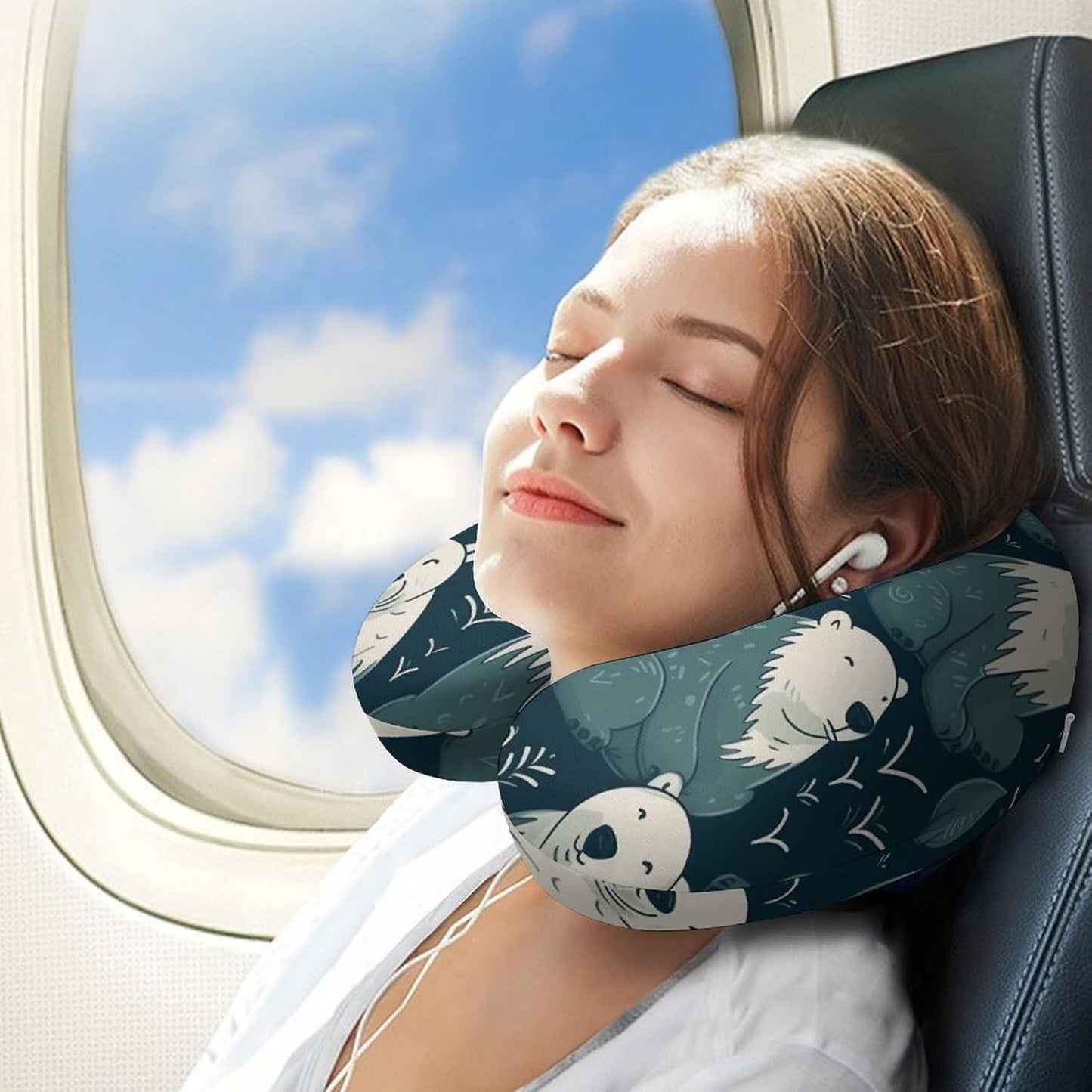 Polar Bear Pattern Neck Pillow Memory Foam U Shaped Pillows Portable Pillows for Shoulder Travel Head Support Pillow with Concealed Zipper for Airplane Car Home Office