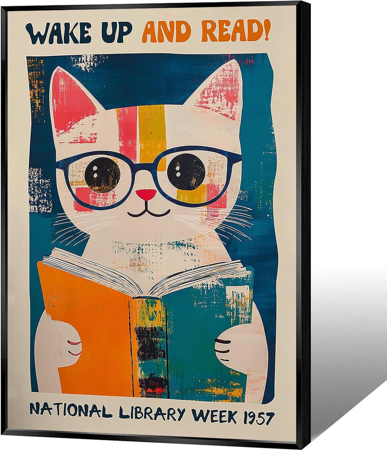Cute Cat With Glasses Reading Canvas Wall Art 1957 National Library Week Posters Vintage Funny Animal Aesthetic Prints Painting For Home Bedroom Dorm Apartment Wall Decor 12x16in Unframed