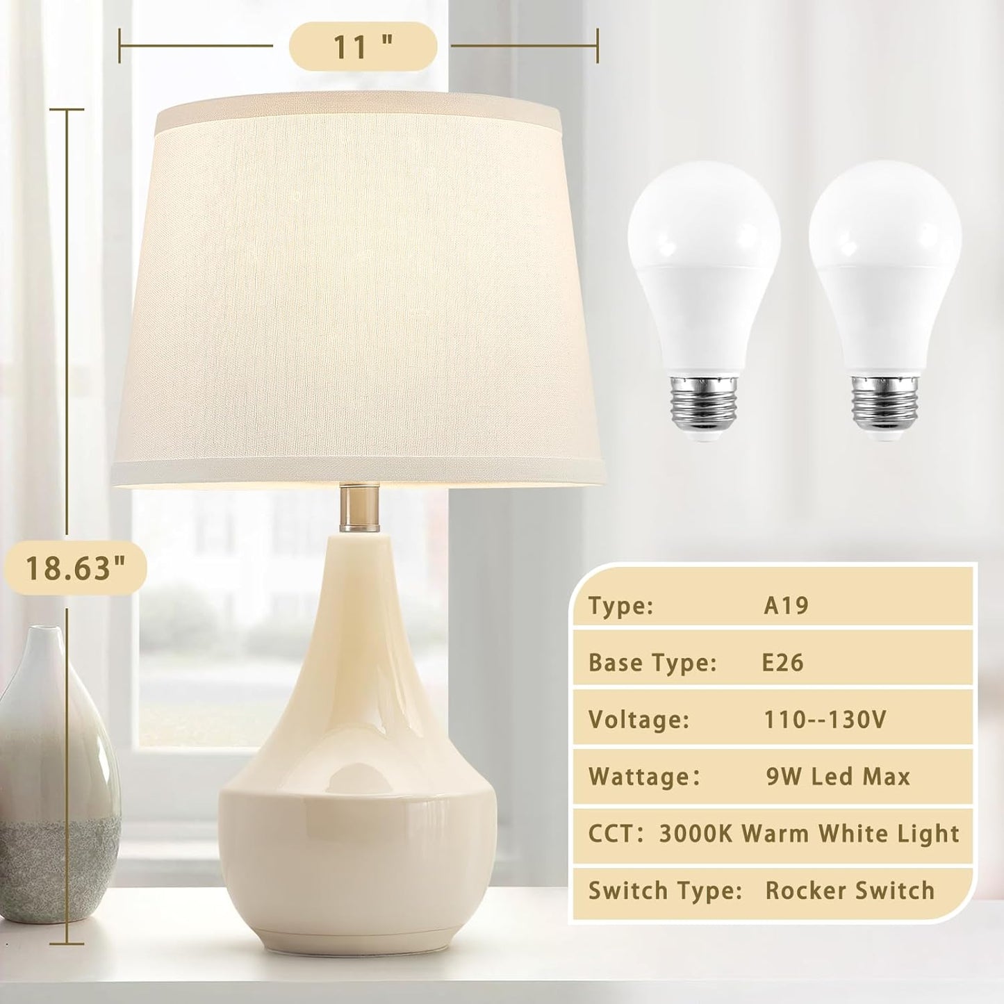 GyroVu 18" Table Lamp Set of 2, Ceramic Table Lamp Classic Beside Lamps Nightstand Lamp Modern Lamp for Living Room, Bedroom & Office Rocker Swtich Cream-LED Bulbs Included