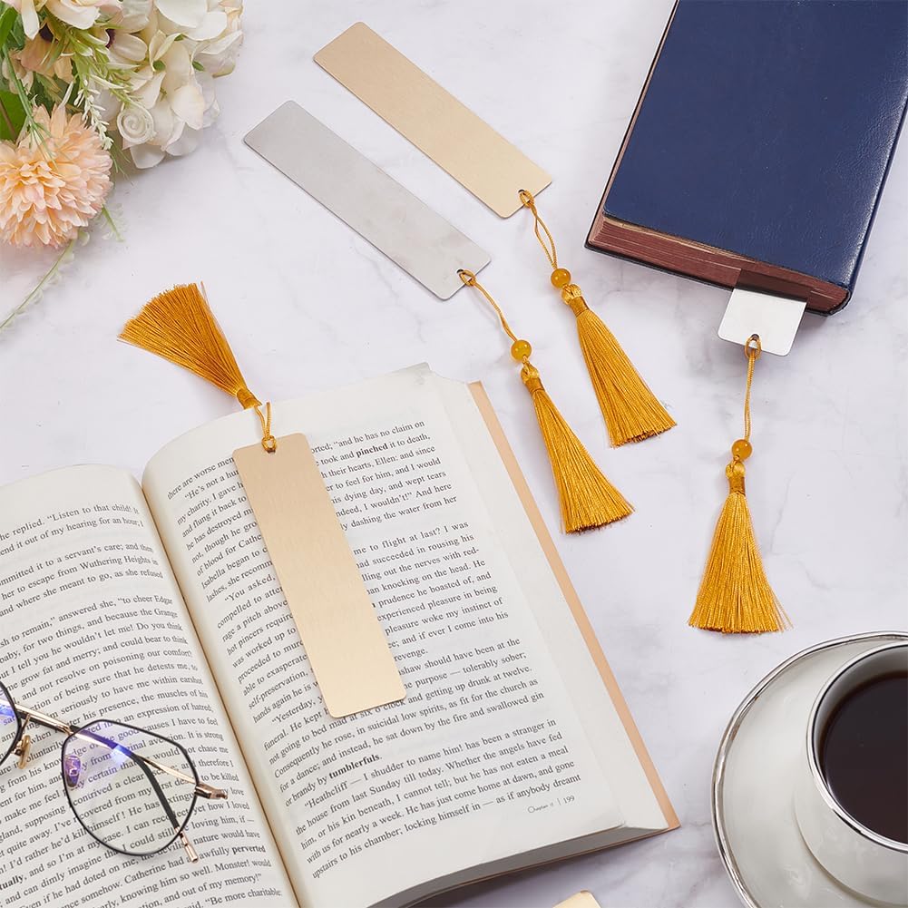 WEBEEDY 8 PCS Blank Metal Bookmark with Tassel Stainless Steel Brass Bookmark for Engraving DIY Metal Tassel Bookmarks Unique Book Accessories Reading Book Lovers Teachers Bookish Gifts(Gold,Silver)