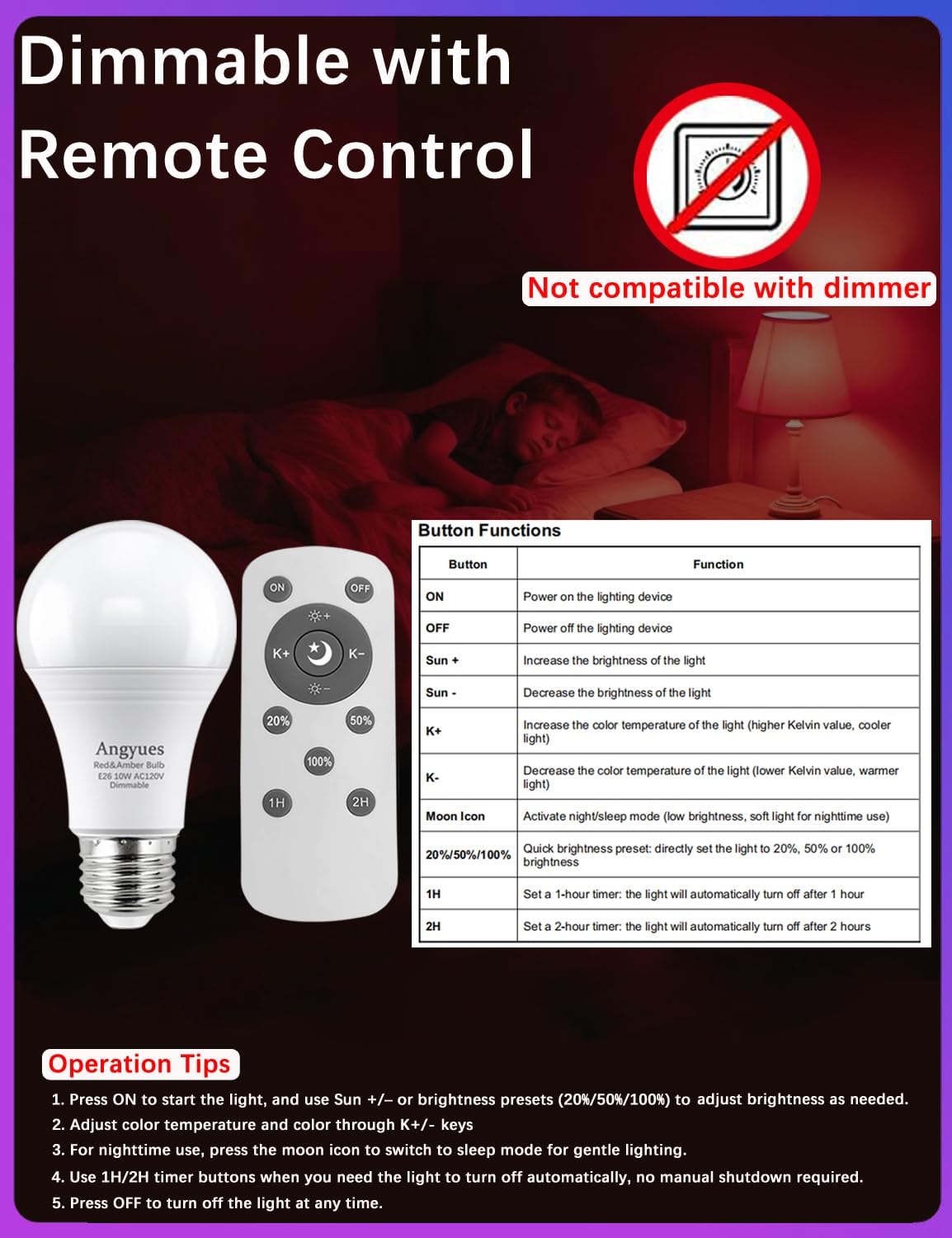 Red and Amber Sleep Bulb with Remote Control Choose 660nm Red Light or 1800K Amberlight,Timer Function, 10W Blue Light Blocking A19 Bulb, E26 Base, for Sleep Therapy,Bedrooms 2Pack
