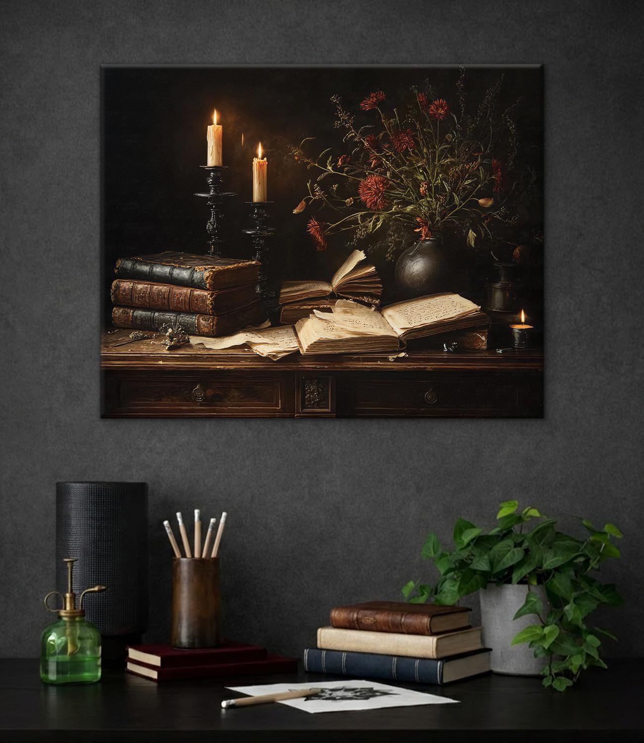 Vintage Gothic Book Wall Art Print - Dark Academia Bookish Canvas Poster Painting - Moody Wall Decor for Home Reading Nook Library 8x10 Inch Framed