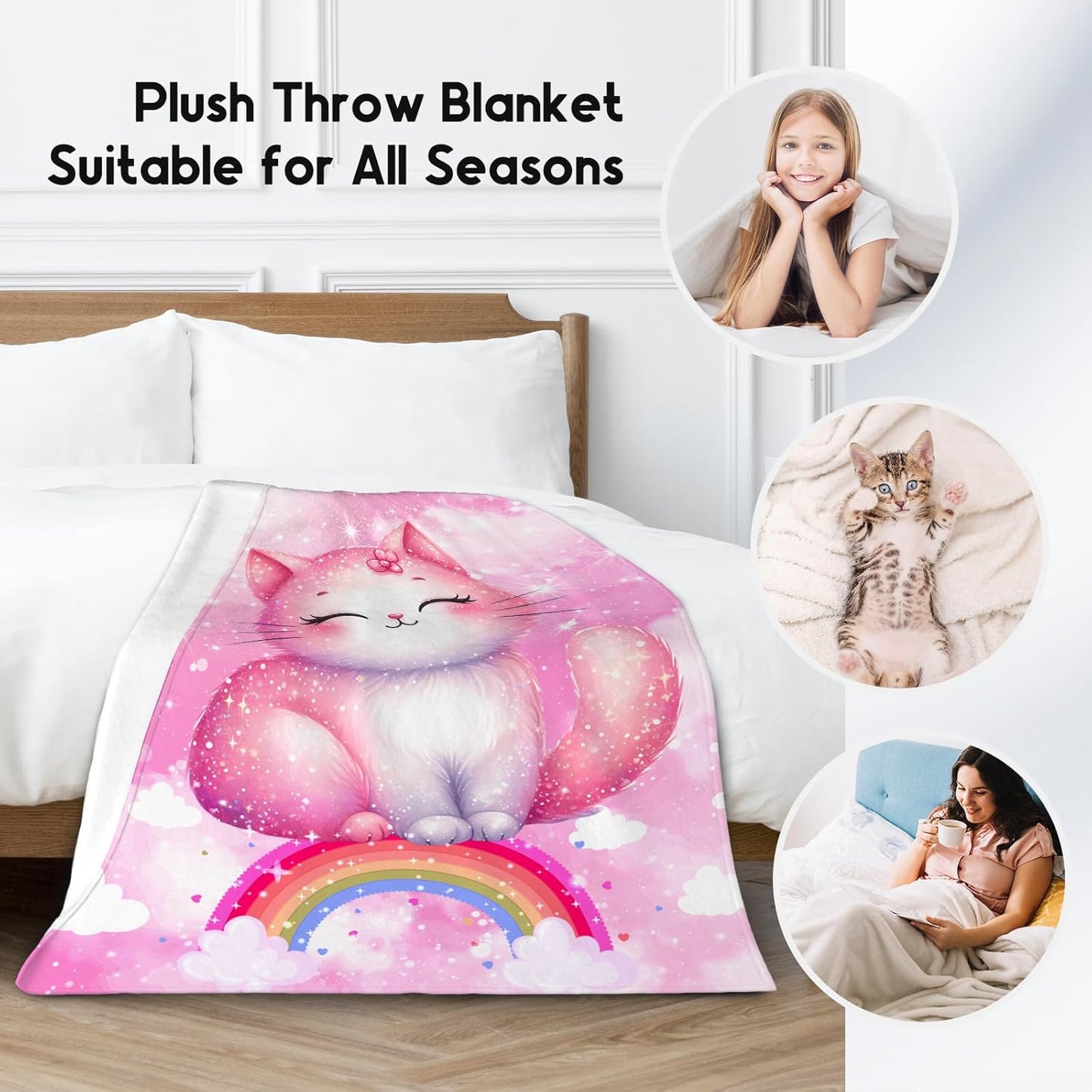 Cat Blanket for Girls Kids Blanket Gifts, Cat Themed Gifts for Women, Warm Flannel Toddler Throws for Couch, 50"x60"