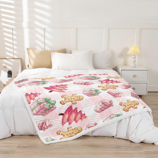 Feelyou Pink Christmas Sherpa Blanket - Cute Tree Gingerbread Man Plush for Kids Boys Girls - Merry Christmas Fleece Throw Soft Plaid Fuzzy for Sofa Bed Couch 50"x60"