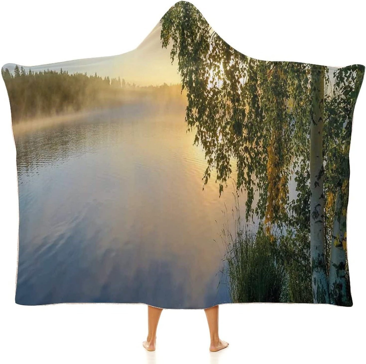 Throw Blankets, Nature Wearable Hooded Blanket for Adults, Sunny Day by Misty Lake with Tree Summer, Soft Warm Cozy, 60 x 80inches, Studying Reading Snuggling Napping Office, Fern Green Light Blue