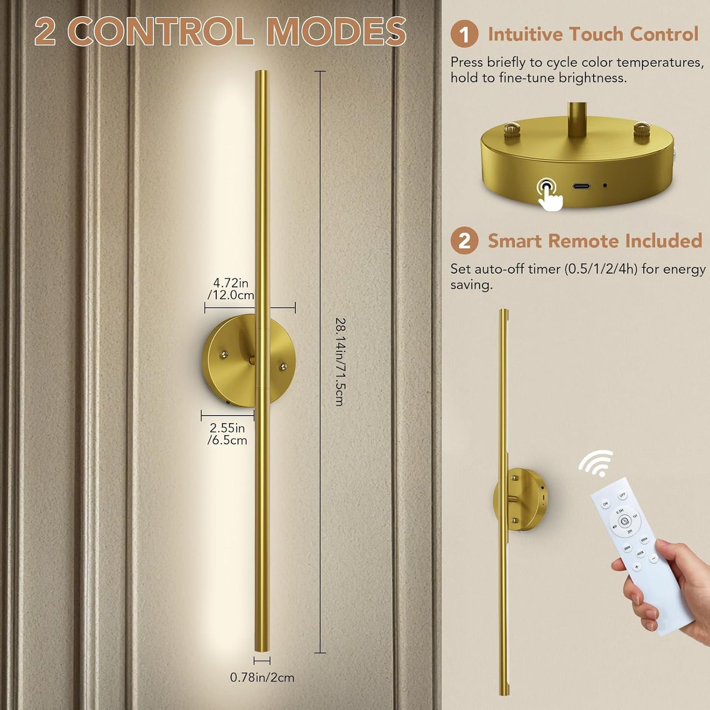TONYFUL Battery Operated Wall Sconce Set of 2, Rechargeable Wall Lamp with 6000mAh Dimmable Bulbs and Remote, 3000K-6500K LED Wireless Wall Lights for Bedroom, Living Room, Hallway Decor, Background