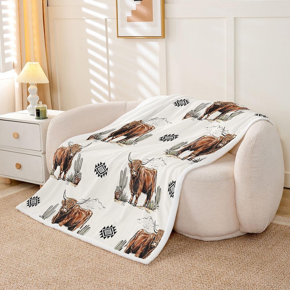 Feelyou Highland Cow Sherpa Throw Blanket for Couch Aztec Super Soft Cozy Fleece Western Decor Blanket for Winter, Plush Throw Cowgirl Throw 50"x60" All Season