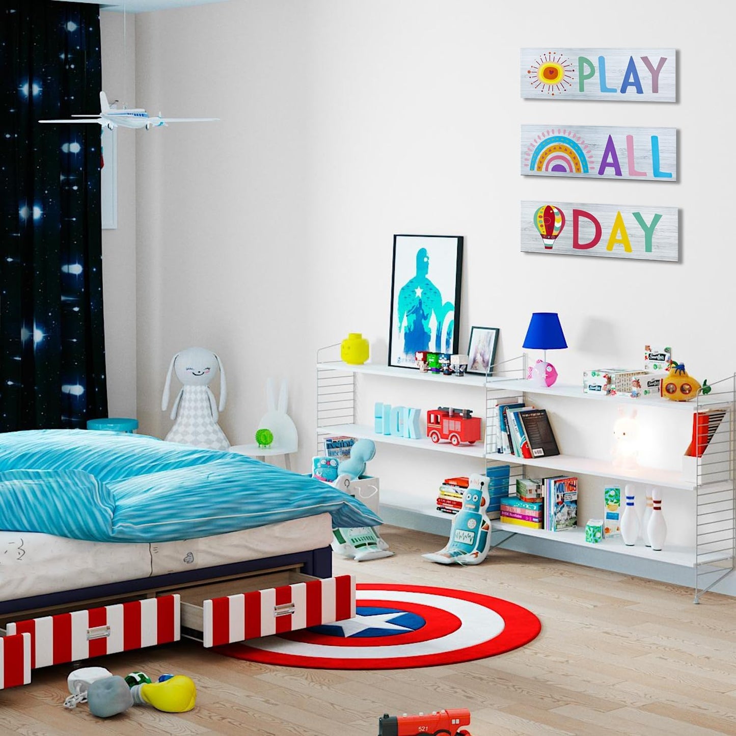 JEKEJIAJIU Play All Day Sign Play All Day Wall Decor Playroom Decor Word Art Wall Decor Kids Plaques Room Decor Reading Book Nook Children Quotes Wall Decor Home Decor