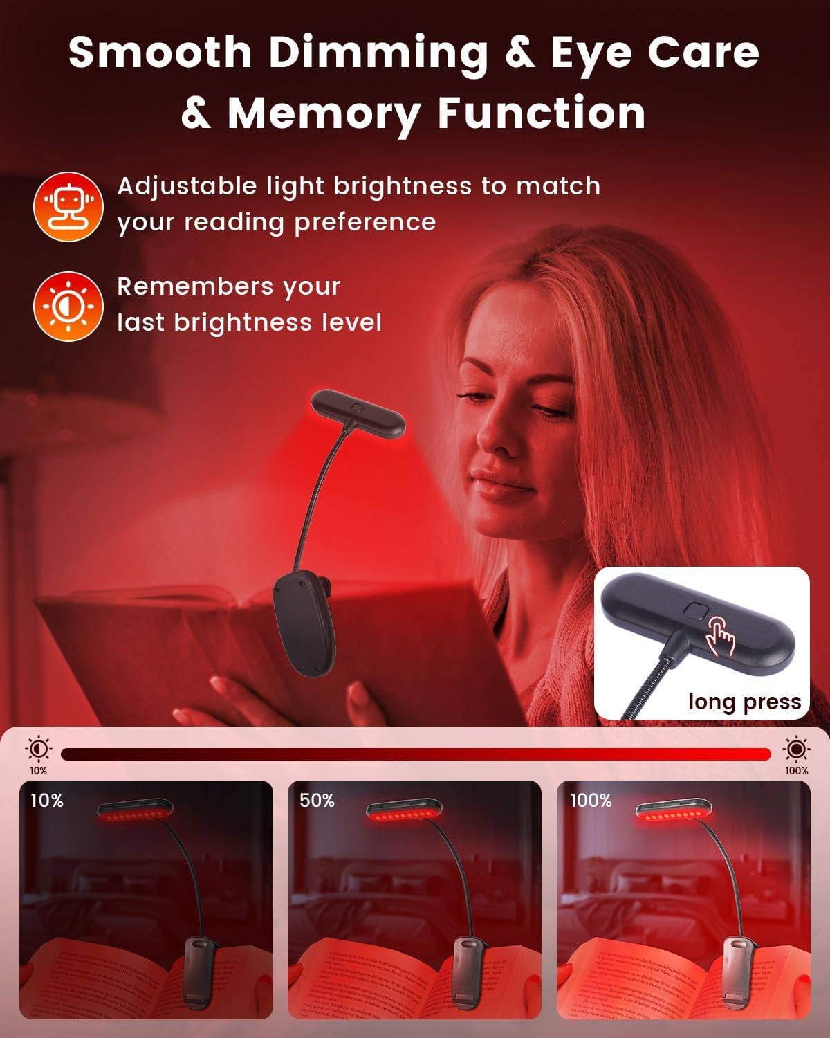 670nm Red Light Book Light for Reading in Bed, Dimmable USB Rechargeable Clip On Red Night Light for Sleep,Eye Comfort, Adjustable Brightness,Portable Booklight with Memory Function