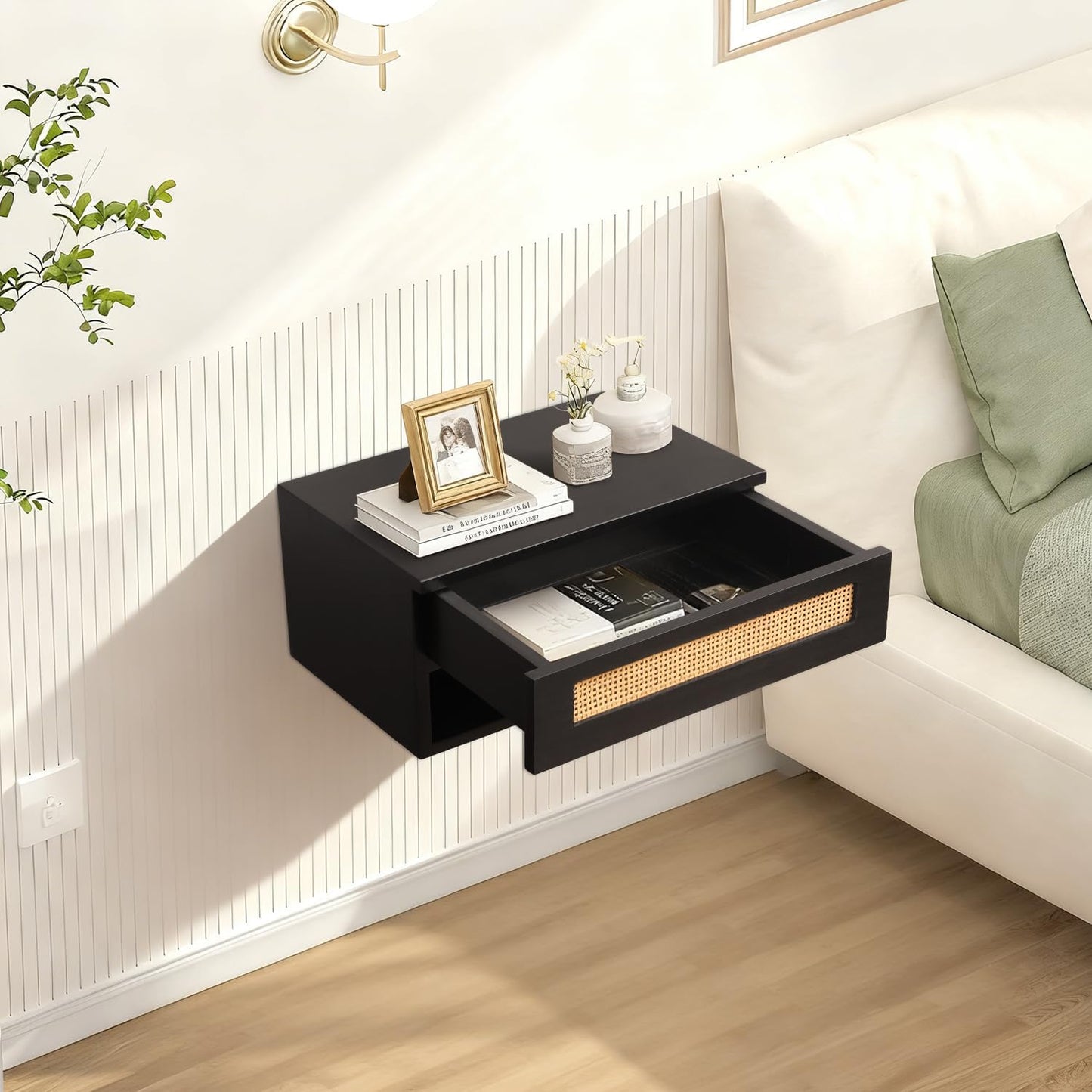 Floating Nightstand, Small Modern Rattan Floating Nightstand with Drawer, Floating Shelves for Bedroom, Bathroom Minimalist and Unique Style 16”x 10”x 8”Black