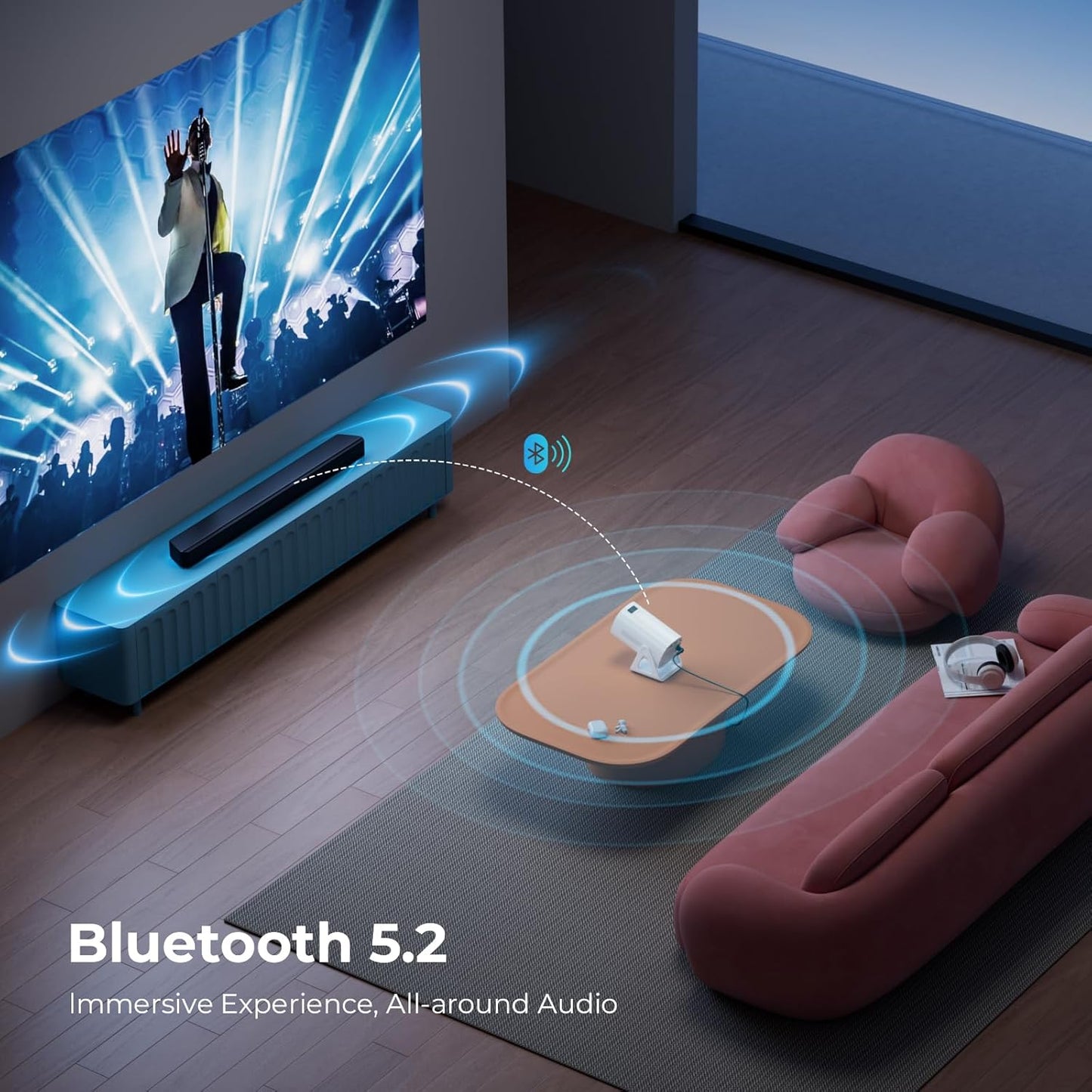 Portable WiFi and Bluetooth Projector - 4K 1080P Supported Mini Movie Projector, 270°Adjustable Stand Outdoor Home Theater Star Projector with Ambient Light for Phone TV Stick Laptop