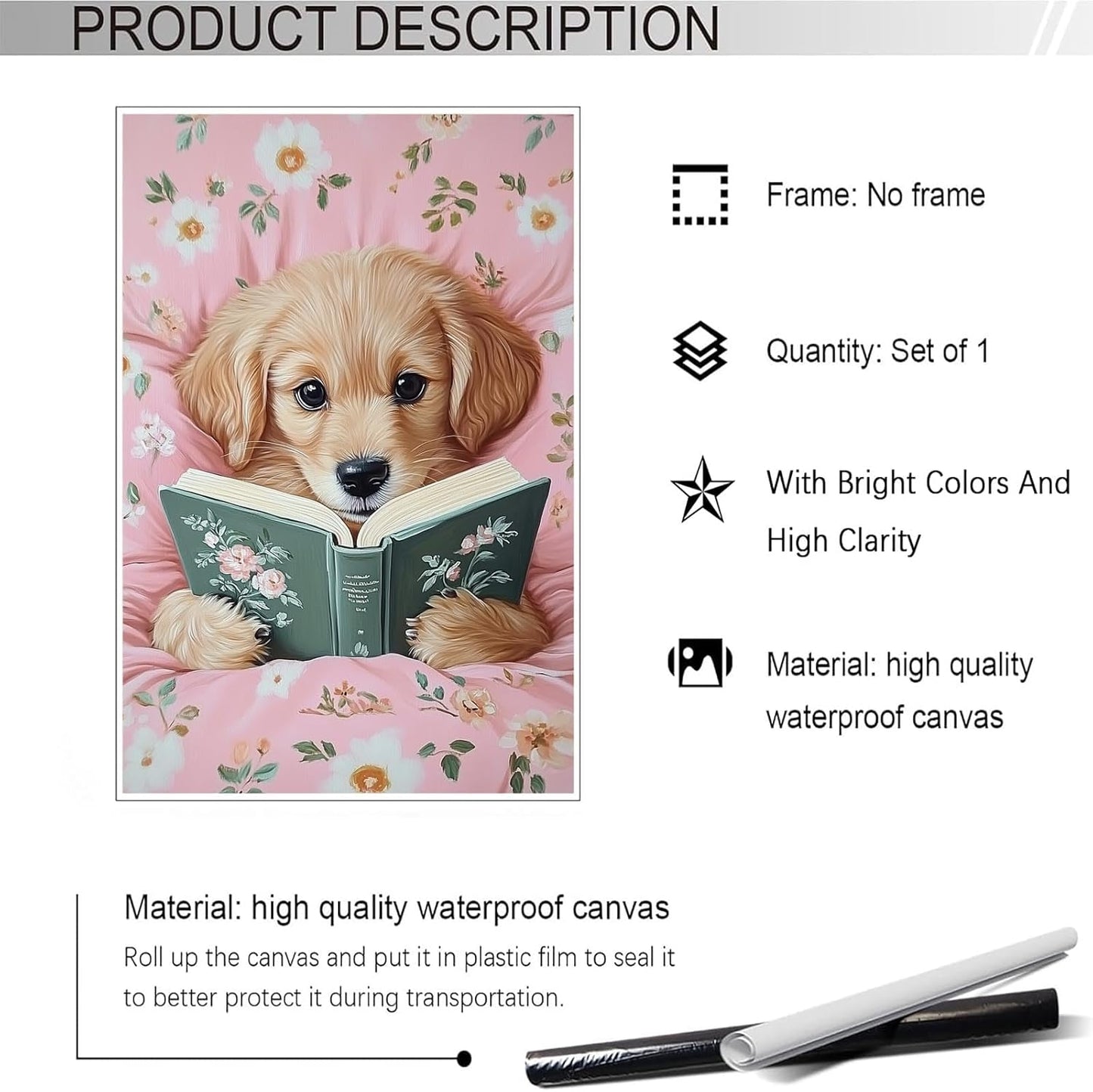 Cute Dog Reading In Bed Canvas Wall Art Trendy Funny Animal Poster Funky Minimalist Pink Room Flower Pet Aesthetic Prints Painting For Home Bedroom Kids Room Dorm Wall Decor 8x12in Unframed
