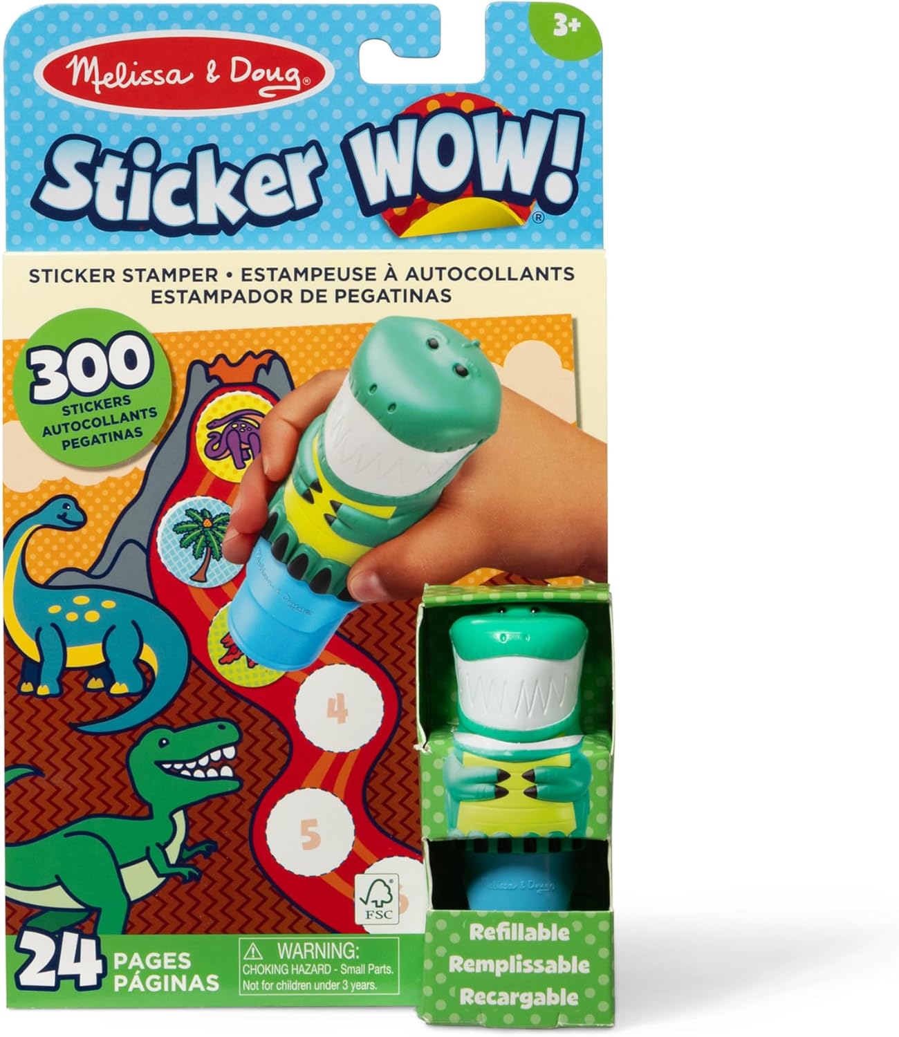 Melissa & Doug Sticker Wow!™ Sticker Stamper and 24-Page Activity Pad, 300 Stickers, Arts and Crafts Fidget Toy Collectible Character – Dinosaur - for Kids Ages 3+ - FSC Certified